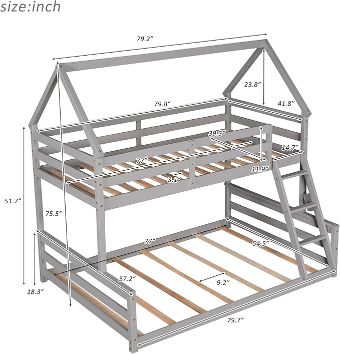 MERITLINE House Shaped Bunk Bed Twin Over Full Size Wood Bunk Bed Frame Low Bunk Beds for Kids, Twin Over Full,Grey