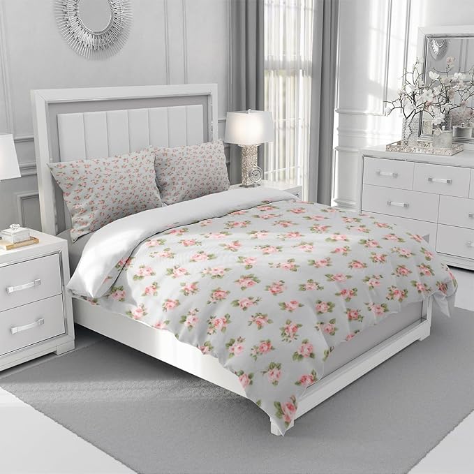 Girls Floral Duvet Cover Twin Soft Chic Floral Bedding Set with 2 Pillowcases Fresh Garden Botanical Duvet Cover with Zipper Closure Ties