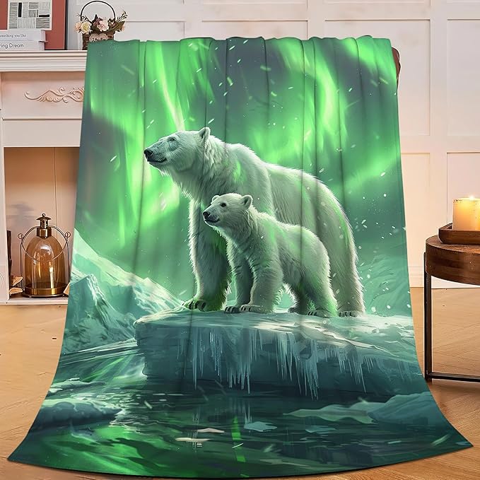 Polar Bear Blanket Aurora Animal Throw Blanket Flannel Stuff Merch Cozy Decor Fleece Plush Fuzzy Warm Soft Lightweight Bedding Gifts for Polar Bear Lover Women Men Girls Boy Couch 80"X60"