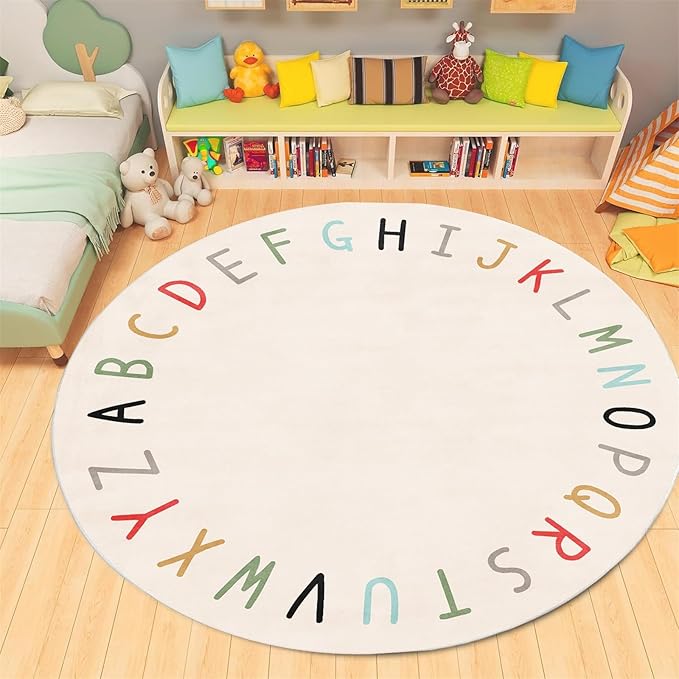 Round ABC Rugs-3ft Kids Round Rug Alphabet Numbers Shapes Educational Kid Area Rug Non Slip Kid Play Mat Carpet for Girl Boy Bedroom Playroom-White