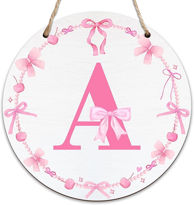 Monogram Round Sign For Front Door, Cherry Bow Theme Sign For Porch Art Wall Door, Initial Signs Hanging Ornament For Indoor Outdoor, Decorations Gifts For Four Seasons Rustic Home Kitchen, A, A01