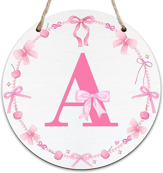 Monogram Round Sign For Front Door, Cherry Bow Theme Sign For Porch Art Wall Door, Initial Signs Hanging Ornament For Indoor Outdoor, Decorations Gifts For Four Seasons Rustic Home Kitchen, A, A01