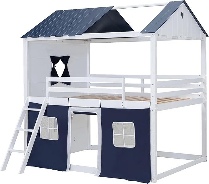 MERITLINE Full Over Full Princess Castle Bunk Bed with Tent,Ladders and Guardrail, Solid Wood Playhouse House Floor Bunk Bed with Windows and Roof (Full,Blue & White)