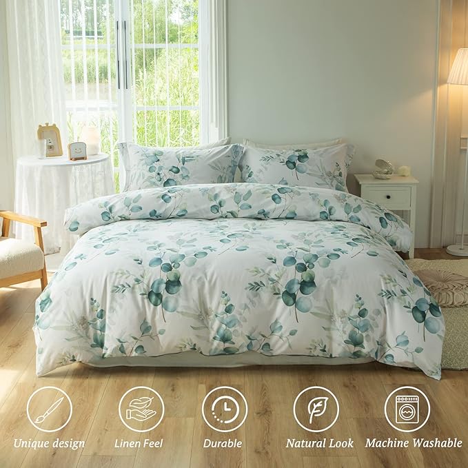 MILDLY Duvet Cover Leaf Pattern- 100% Washed Cotton Eucalyptus Printed Linen Feel Bedding Set Sage Green Comforter Cover with Zipper Closure 4 Ties King Size