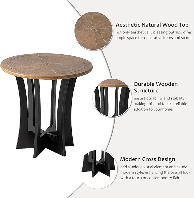 COZAYH Farmhouse Round End Table X 2P with Criss-Cross Wood Legs, Rustic French Country Side Table for Dinning or Living Room, Modern, Black, Natural Wood