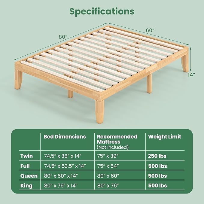 KOMFOTT 14 Inches Wood Platform Bed Frame Queen Size, Wooden Mattress Foundation with Rubber Wood Frame, Strong Wooden Slats Support, No Box Spring Needed, Bed Frame (Natural)