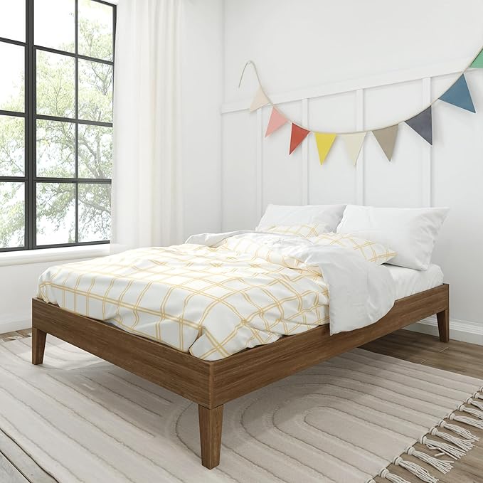 Max & Lily Fundamental Full Platform Bed Frame, Kids Modern Solid Wood Bed, Strong Wooden Slats, Non-Toxic Finishes, Matte Walnut