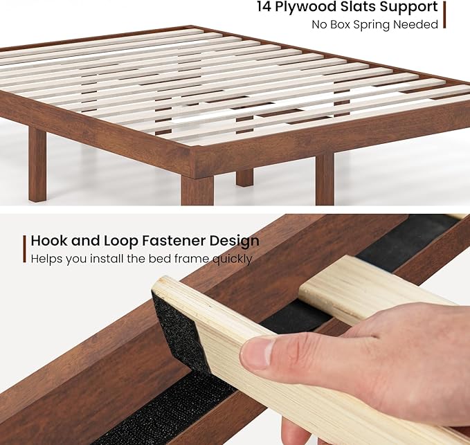 KOMFOTT 14 Inches Wood Platform Bed Frame Queen Size, Wooden Mattress Foundation with Rubber Wood Frame, Strong Wooden Slat Support, No Box Spring Needed, Bed Frame (Brown Cherry)
