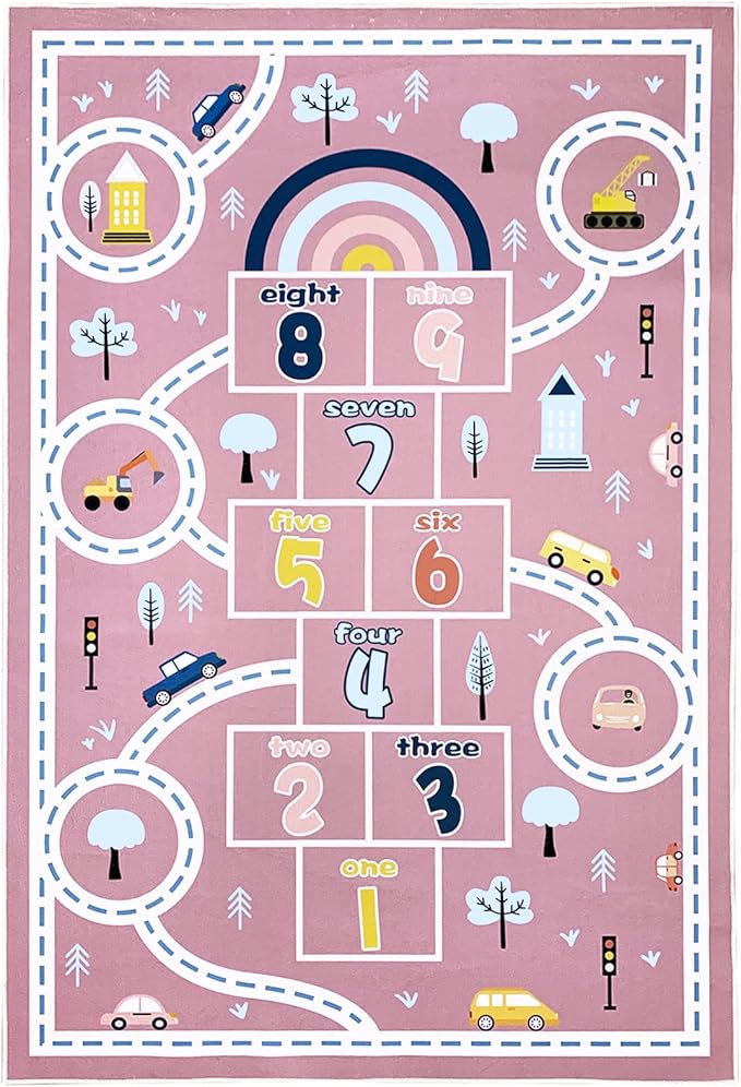 Hopscotch Kids Rug Carpet 7x10Ft Pink Car Road Play Mat for Girls Boys Classroom Bedroom Playroom Living Room, Educational & Learning, Large, Washable Children Preschool Rug, 6.6x9.8Ft