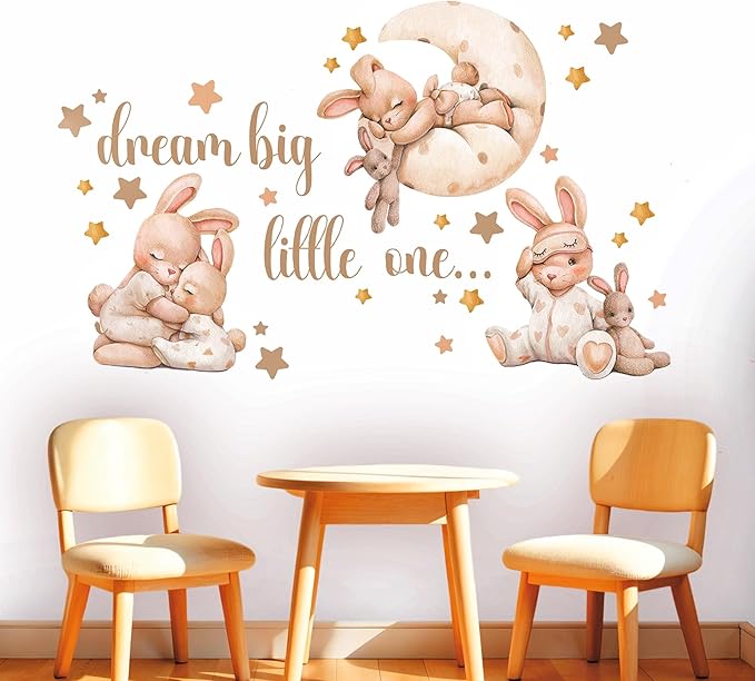 Nursery Wall Stickers, Baby Girl Room Decor, Bunny Wall Decal, Boho Toddler Decor, Beige Peel and Stick Animal Decals for Nursery or Girls Bedroom.
