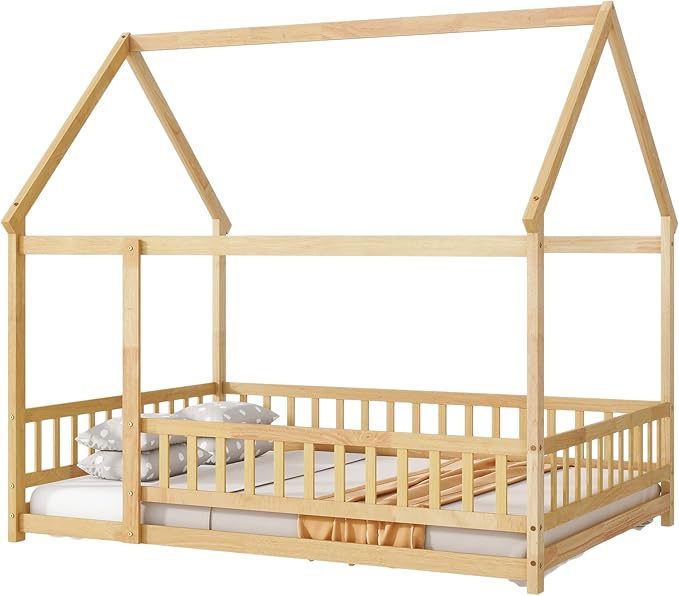 Ball & Cast Full Size Floor Bed,Montessori Bed with Roof & Safety Guardrails Design,Wooden Toddler House Bed Frame W/Open Door,for Girls Boys,Natural