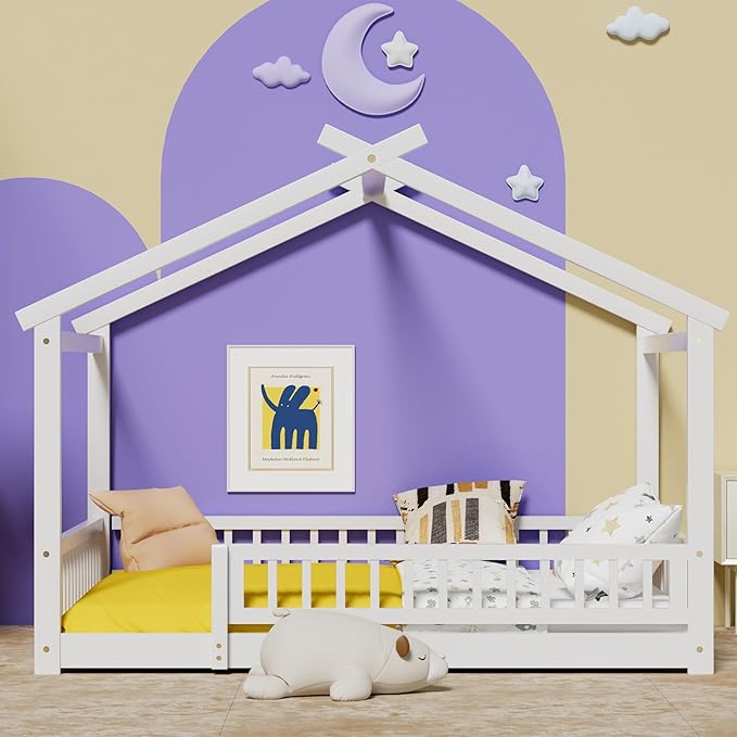 LLS Full Size House Bed with Fence, Wooden Montessori Bed with Slats Support, Floor Bed Frame for Boys Girls Bedroom, White