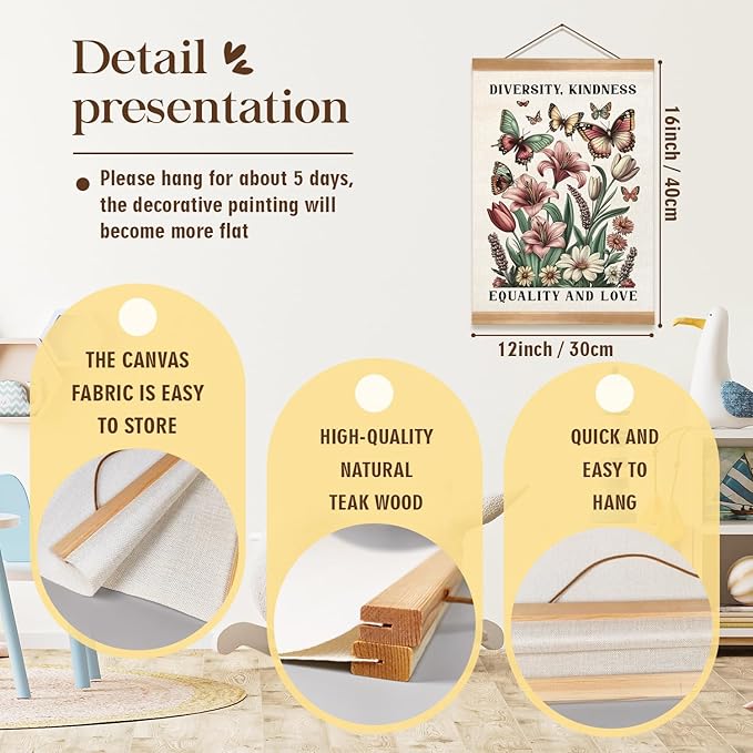 ZTGDA Diversity and Kindness Wall Art,Equality and Love Inspirational Hanging Poster with Butterflies and Flowers, Linen Canvas Print for Office, Classroom, or Home Decor 12x16In (Colour-Diversity)