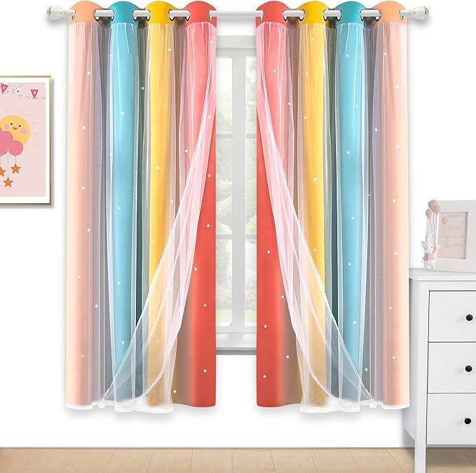 Kinryb Nursery/Kids/Girls Room Star Cut Out Blackout Rainbow Curtain with Sheer Overlay 2 Panels, Each 52 inch Wide,72 inch Length with White Gauze,Ombre Stripe Rainbow Curtains (2 Panels,52x72 Inch)