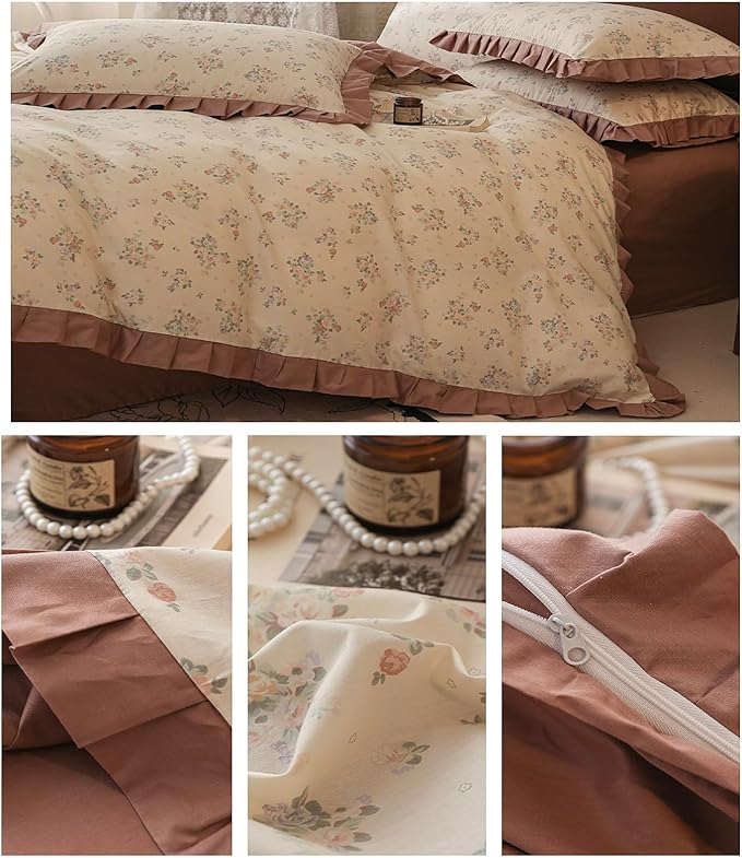 Rose Flower Duvet Cover Twin Girls Romantic Floral Bedding Set with Dusty Pink Ruffles 100% Cotton Floral Comforter Cover 1 Twin Duvet Cover with 2 Pillowcases Botanical Flower Ruffle Bedding Set