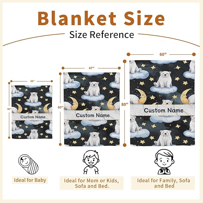 Custom Baby Blanket with Name, Double Layer Soft Dot Back Personalized Baby Blanket for Boys Girls, Polar Bear Blanket for Newborn Toddler, Customized Swaddle for Kids Birthday Gifts(60" x80)