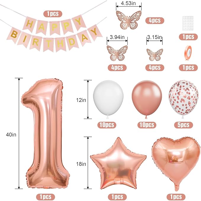 1st Birthday Decoration for Girls, Rose Gold 1st Birthday Balloon, Rose Gold Number 1 Balloon with Butterfly Stickers, Star Heart Foil Balloons Banner Set for Baby 1 Year Old Birthday Party Decor