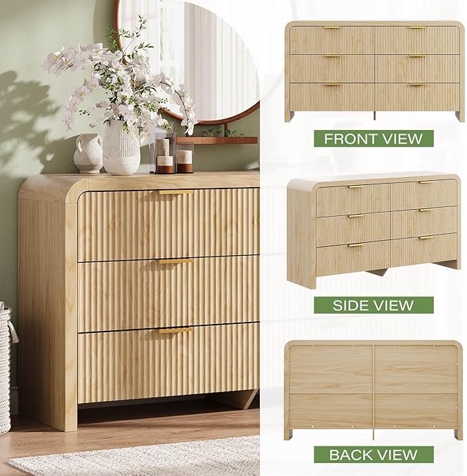 Angel Sar 55" Modern Fluted 6 Drawer Dresser for Bedroom, Wooden Bedroom Dresser with Arched Tabletop, Wave Pattern Design & Gold Handles, Closet Chest of Drawers for Clothes Storage, Natural Wood