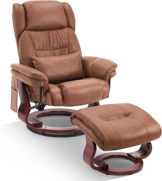 MCombo Swivel Recliner with Ottoman, Faux Leather TV Chair with Vibration Massage, Ideal for Small Space, Living Room & Bedroom 4734 (Saddle)