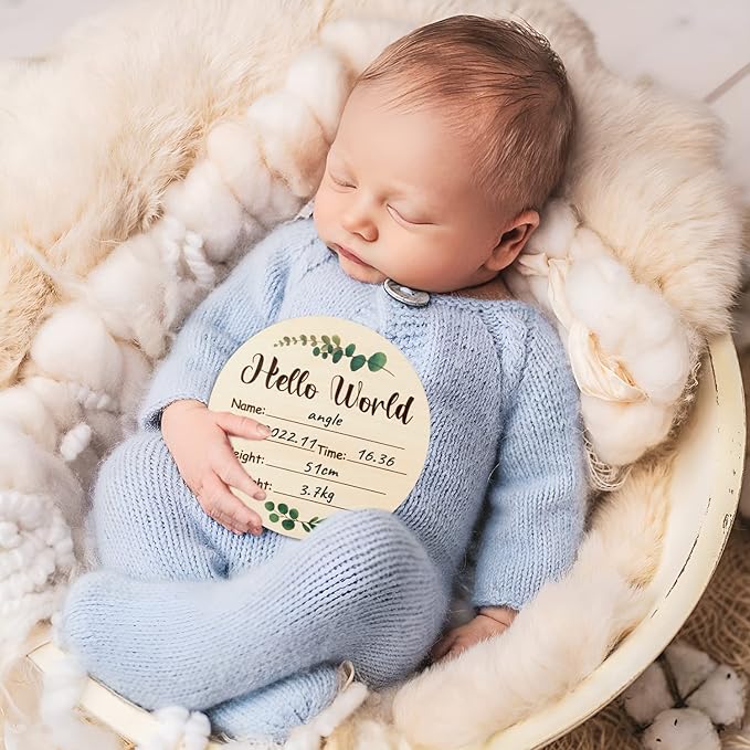 R HORSE Baby Birth Announcement Sign with Marker Pen, Greenery Eucalyptus Baby Name Sign with Ink Pad for Hand and Footprints, Wooden Hello World Newborn Announcement Nursery Decor Keepsake Gifts