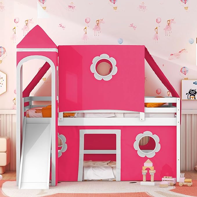 Polibi Full Size Castle Loft Bed with Slide & Pink Tent and Tower, Playhouse Design Spacious Under Bed Space with Curtains, Wood Tent Bed Frame for Kids Boys Girls(Pink,Full)
