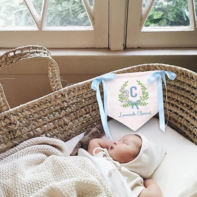 Embroidered Baby Name Sign Personalized Baby Announcement Sign Newborn Baby Banner with Bows Baby Hospital Name Sign Canvas Hanging Pennant Flag Custom Infant Baby Name Baby Shower Banner (02)