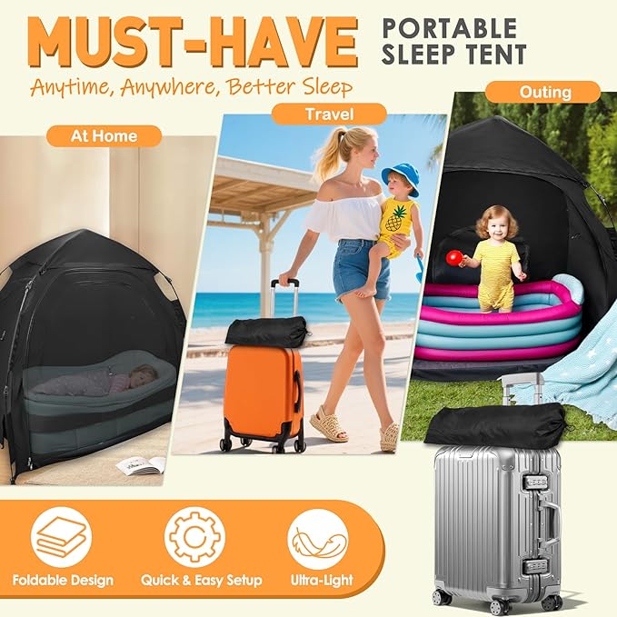 Blackout Tent for Pack N Play, Foldable Travel Sleep Tent for Cribs, Double-Sided Zipper, Breathable Blackout Baby Toddler Bed Canopy Cover, Fan & Monitor Pouch, NOT FIT Full-Size Cribs