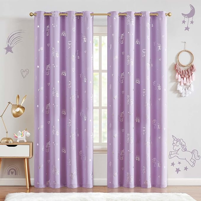 jinchan Purple Blackout Unicorn Curtains for Girls Kids Room Thermal Insulated Room Darkening Rainbow Curtains for Girls Bedroom Silver Foil Printed Grommet 84 Inches Long Purple Lilac 2 Panels