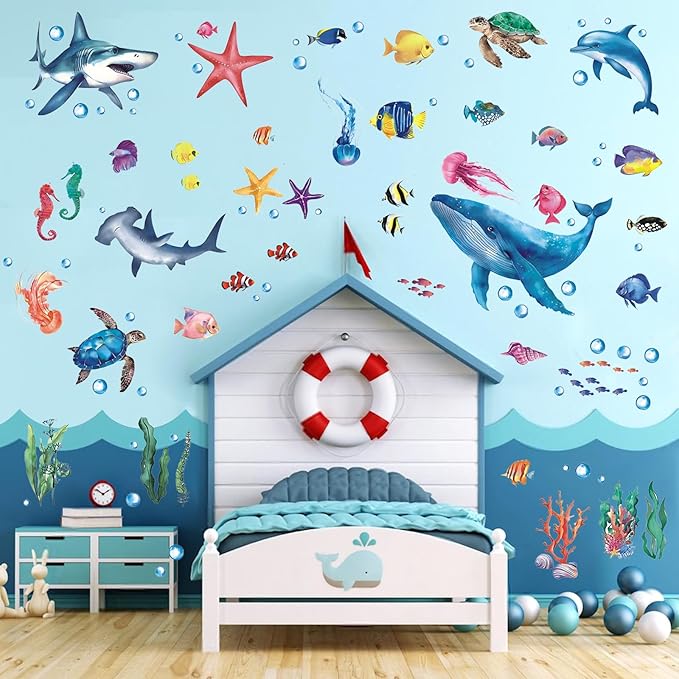 110 Pieces Under The Sea Wall Decals, Ocean Fish Jellyfish Starfish Coral Reef Seaweed Removable Stickers for Kids Baby Boys Bedroom Nursery Living Room, Sea Life Marine Animal Underwater Theme