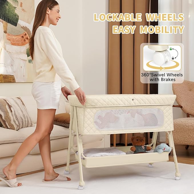 Baby Crib for Newborn, Baby Bassinets Bedside Sleeper with Breathable Mesh & Mattress, Easy Move Crib for Newborns with Lockable Wheels, 4-Adjustable Height Beside Bassinet (Beige)