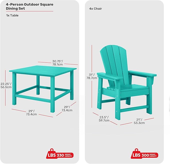 Costaelm Paradise Kids 5-Piece HDPE Outdoor Square Patio Dining Table and Chairs Set, Turquoise
