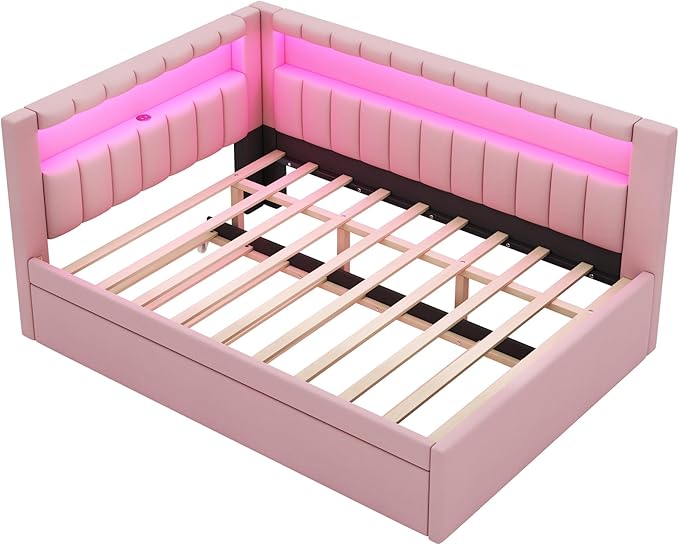 Full Size Daybed with Trundle and L-Shaped Bookshelf Headboard, Linen Upholstered Soft Corner Bed with Storage Shelves, Charging Station and LED Belt for Kids Boys Girls, Pink