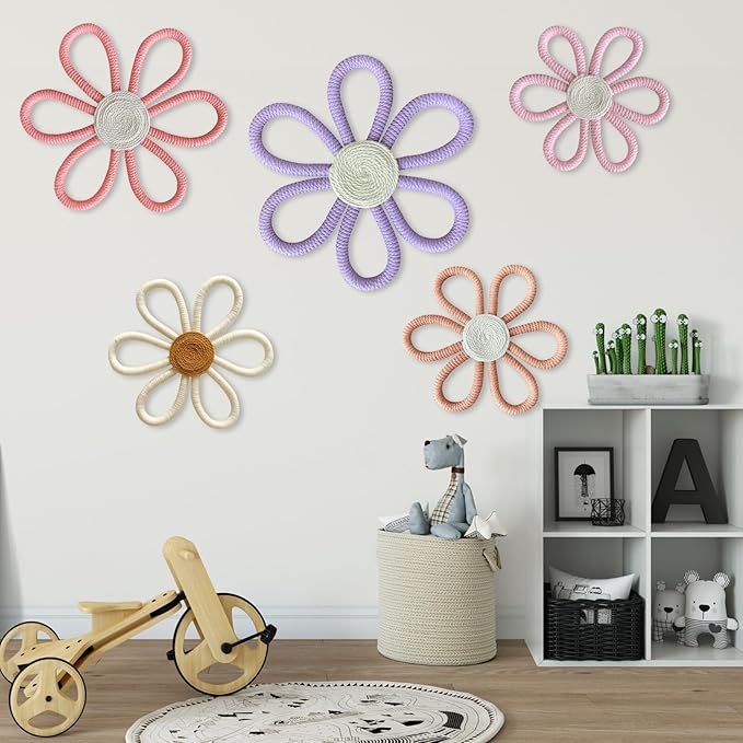 5 Pcs Boho Daisy Flower Wall Decor 3 Size Woven Floral Art Wall Hanging Supply for Boy Girl Pink Purple Bohemian Home Bedroom Room Decorations