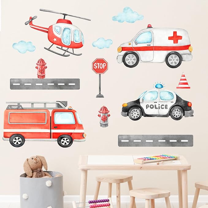Mfault Vehicles Transportation Wall Decals Stickers, Helicopter Ambulance Fire Truck Police Car Nursery Decorations Boys Bedroom Art, Stop Roadblock Hydrant Cloud Toddlers Kids Room Playroom Decor