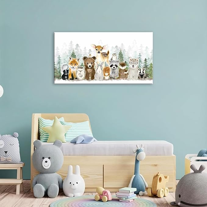 Woodland Animal Nursery Wall Art Watercolor Forest Baby Animal Nursery Wall Decor Printing Framed Fox Bear Deer Watercolor Poster Paintings Pictures for Boys Room Girls Room Home Decoration 12x24in