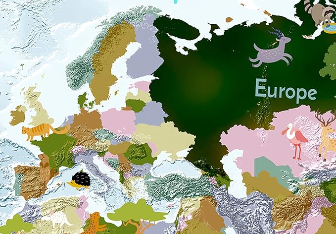 artgeist Textured Canvas Wall Art World Map for Children 35x24 in - 1pcs Painting Canvas Prints Picture Artwork Image Framed Contemporary Modern Photo Animals World Map k-A-0508-b-a