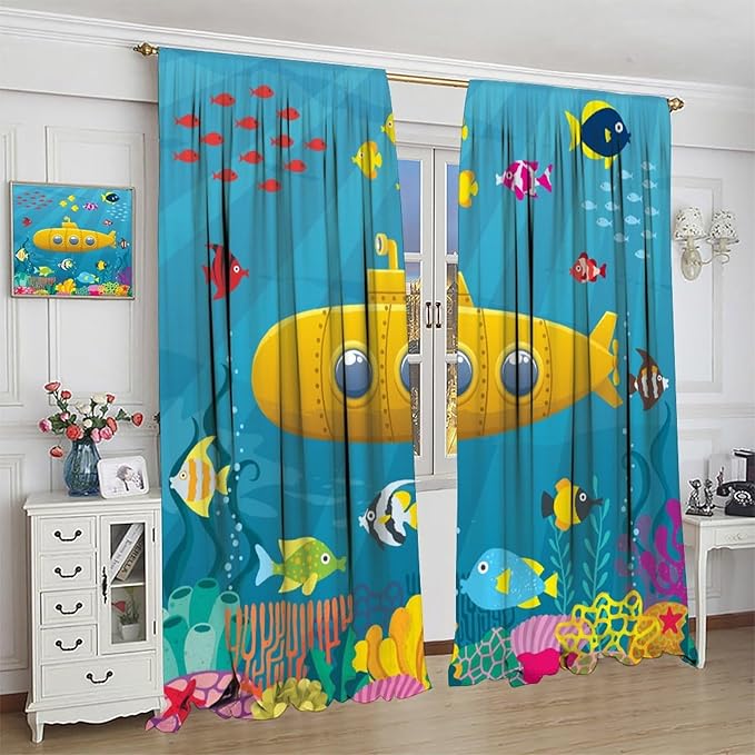 Boy Window Curtains Submarine Window Drapes Yacht Window Treatments Underwater World Oasis Thermal Drapes for Kids Girls Toddler Teens Room Dorm Decor Set 2 Panels,72x63 Inches, Style-1