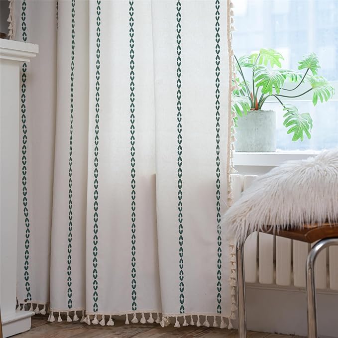 Deeprove Emerald Green Boho Curtains 96 inches Long for Bedroom Living Room, Vintage Bohemian Embroidery Cotton Striped Linen Country Tassel Window Treatments Christmas Decor, W52 x L96, 1 Panel