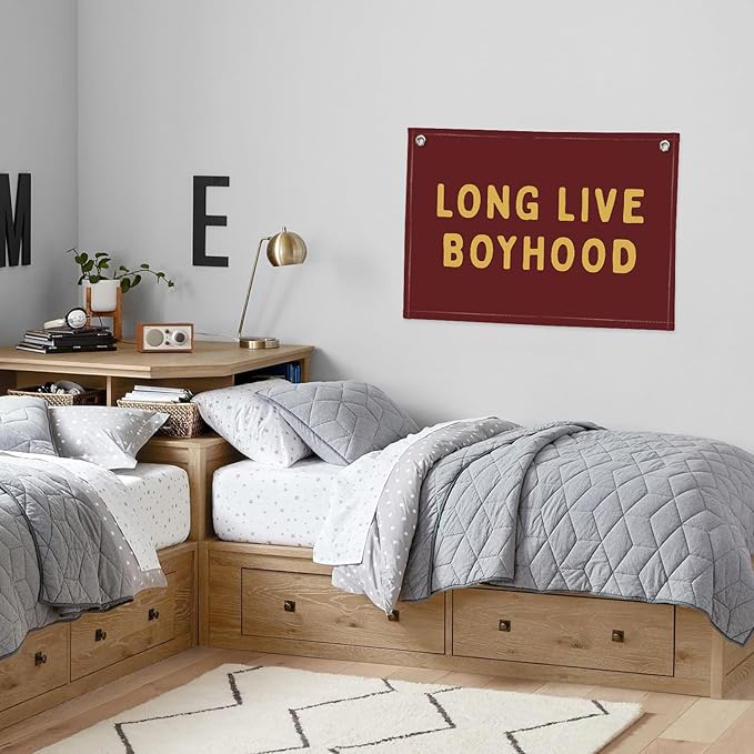 Long Live Boyhood Linen Banner – Boys Room Wall Hanging, Playroom & Nursery Decor, Toddler Room Flag, Aesthetic Boys Bedroom Sign – Burgundy & Mustard Yellow