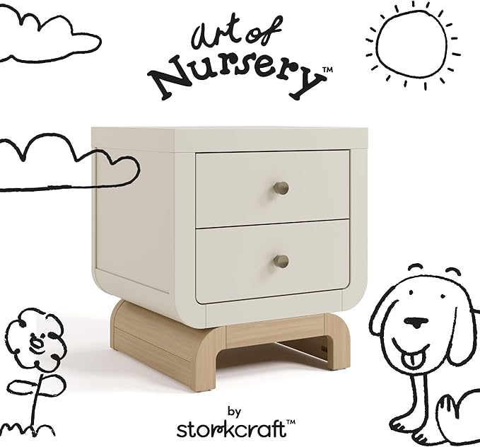 Storkcraft Santorini 2 Drawer Nightstand (Frosted Oat & Driftwood) - GREENGUARD Gold Certified Nightstand for Kids Bedroom, Premium Wood with Curved Base, “Champagne” Metal Knobs