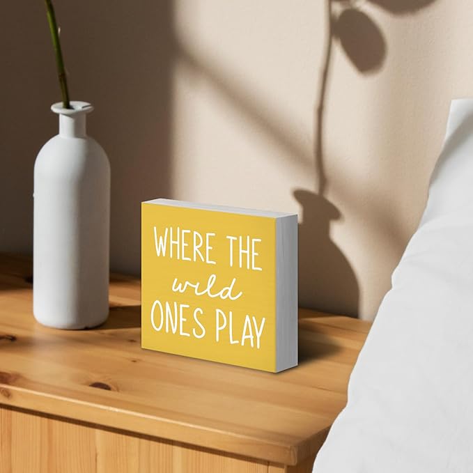 Where The Wild Ones Play Yellow Wood Box Sign Desk Decor 5X5, Nursery Kids Room Wooden Block Sign Decorations for Playroom Toddler Boys Girls Room Wall Tabletop Shelf Decor