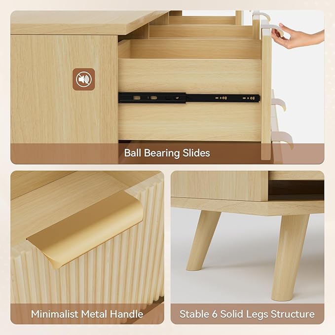 63" Long Fluted 9 Drawer Dresser for Bedroom - Modern Chest of Drawers - Natural Wood Dresser - Boho Storage Wood Organizer for Living Room, Hallway, Closet