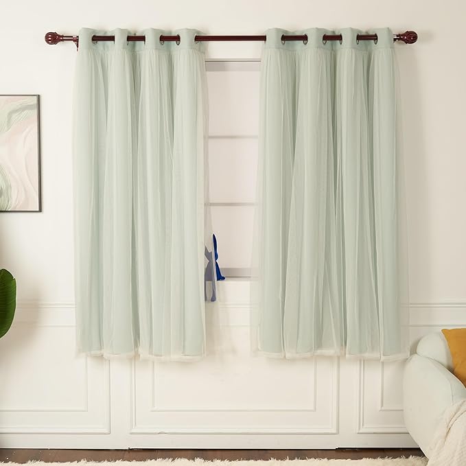 INLINAS Mint Blackout Curtains with Sheer Overlay - Grommets Thermal and Noise Reduction Panels for Bedroom and Living Room Light Blocking and Energy Saving, 52 x 63 Inch, Set of 2