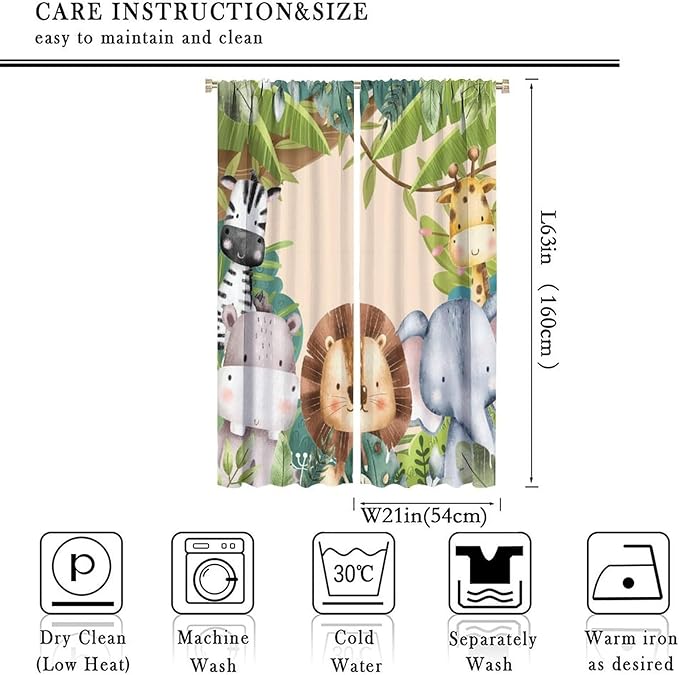 Jungle Animals Curtains Colorful Forest Cartoon Wildlife Lion Giraffe Elephant for Kids Boys Girls Nursery Bedroom Living Room Blackout Rod Pocket Decoration Window Drapes 2 Panels W21xL63in