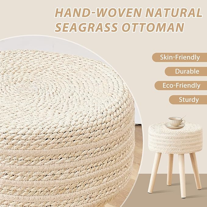 Cpintltr Round Ottoman Footstool Natural Seagrass Foot Stool Pouf Ottomans with Solid Wood Legs Hand Weave Hyacinth Footrest Step Stool for Living Room Balcony Garden Natural & Beige