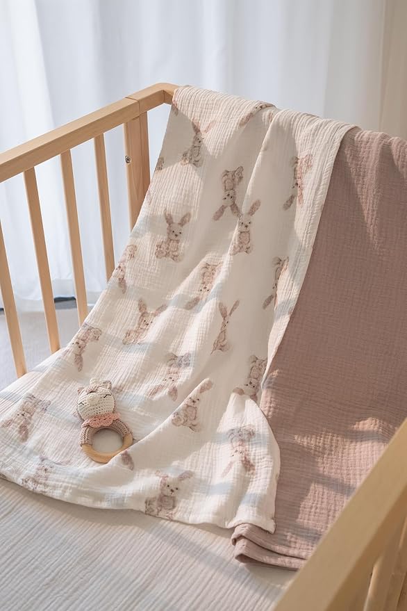 Little Jump 2-Pack Cotton Muslin Swaddle Blankets for Baby Boys Girls - Boho Baby Blanket for Boys & Girls- Large 47 x 47 inches Receiving Blanket Neutral (Bunny)