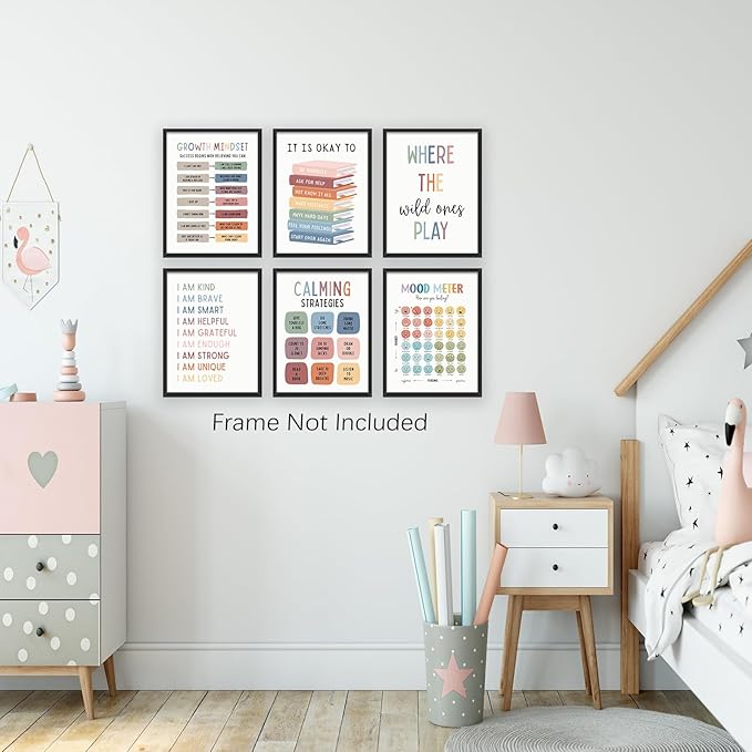 UNXIS Growth Mindset Poster Positive Affirmations Wall Decor It Is Ok To Be Yourself Canvas Wall Art Calming Corner Strategies Chart 8x10in Set of 6 Unframed for Boy Girl Baby Children's Room