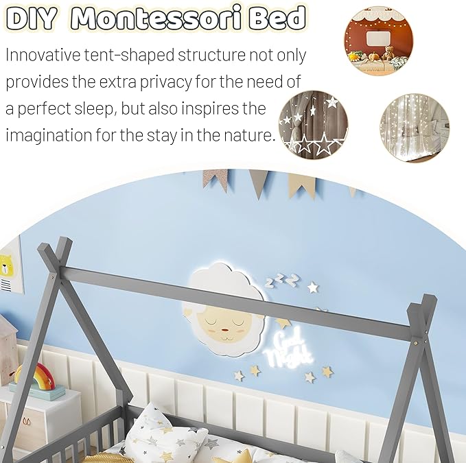 Twin House Bed Frame with Fence Rails and Door,Wood Montessori Floor Bed with Slats Support,Teepee Tent Beds Kids Bed Frames for Girls Boys, Grey