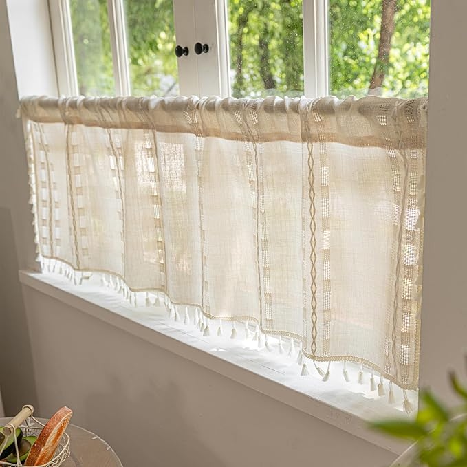 Deeprove Ivory Boho Valance Kitchen Short Curtain, Textured Striped Drape Semi Sheer Privacy Tier Embroidered Chic Window Treatment for Cafe Restaurant Closet, W52 x L18 inch Single 1 Panel