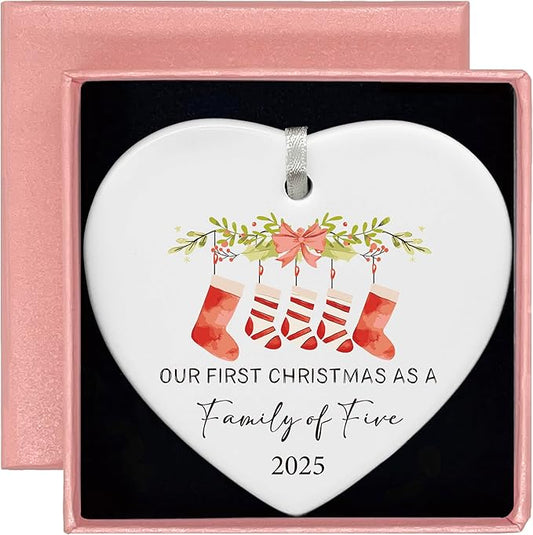 2025 Our First Christmas as a Family of Five-Parents Mom Dad Gift for New Baby Newborn-The Third Kid-Xmas Stocking Theme-Ceramic Hanging Heart Shaped Ornament-Double Sided Printed